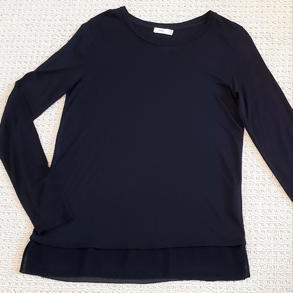 Vince Black Scoop Neck, Long Sleeve Tunic Top, Silk Tier Hem, Longline, Sm, EUC